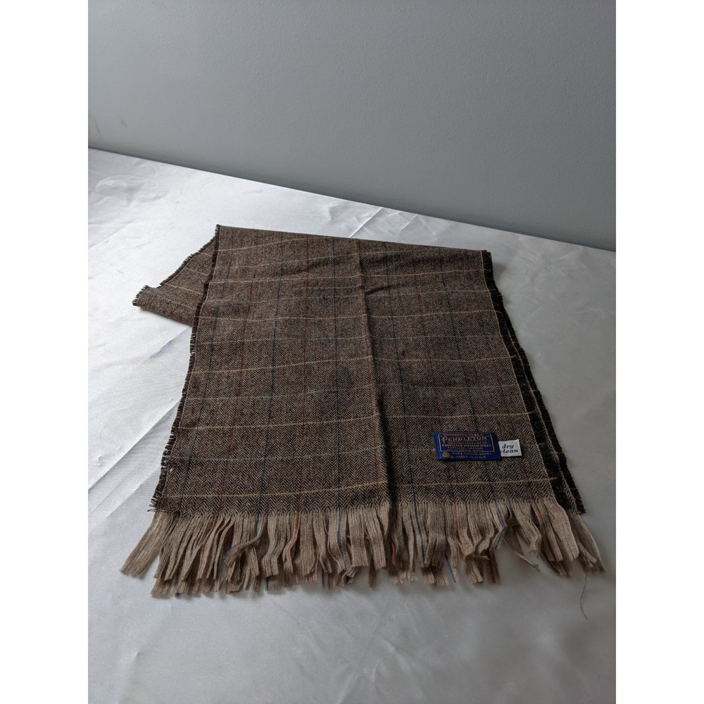 Pendleton Scarf Brown Herringbone Windowpane Plaid 100% Virgin Wool Made in USA